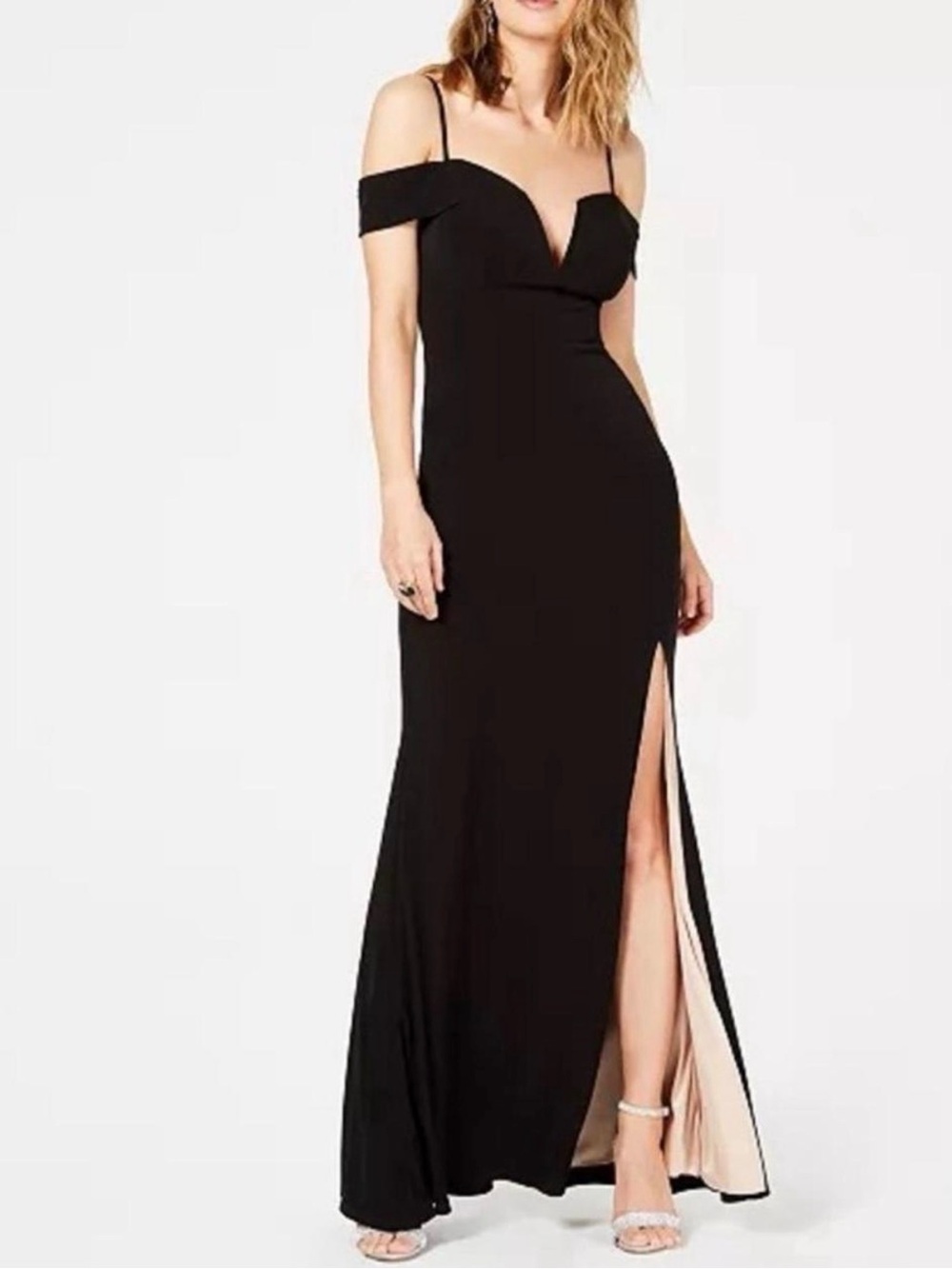 City Studio Black Off-Shoulder Maxi Dress with Thigh Slit